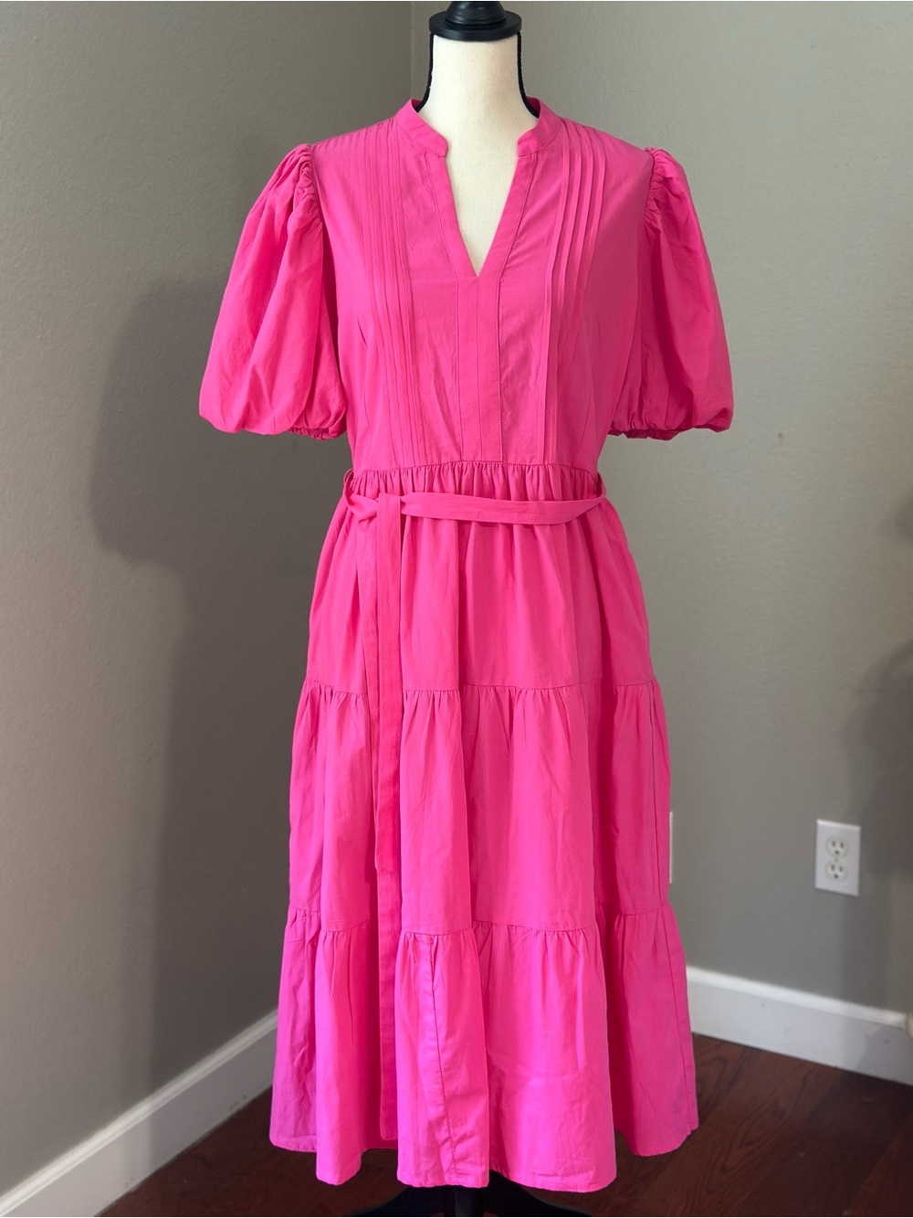 Bright Hot Pink Tiered V-Neck Midi Dress with Belt
